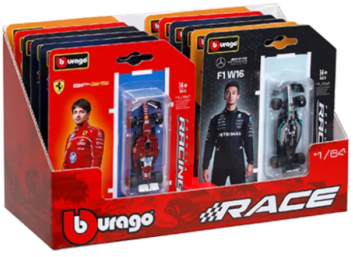 Bburago model car packaging with driver figures and car models.