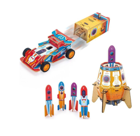 Toy set with a race car, rocket ship, and space station on a white background
