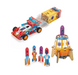 Toy set with a race car, rocket ship, and space station on a white background