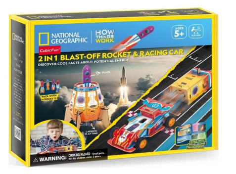 National Geographic 2-in-1 Blast-Off Rocket & Racing Car toy set packaging on a white background