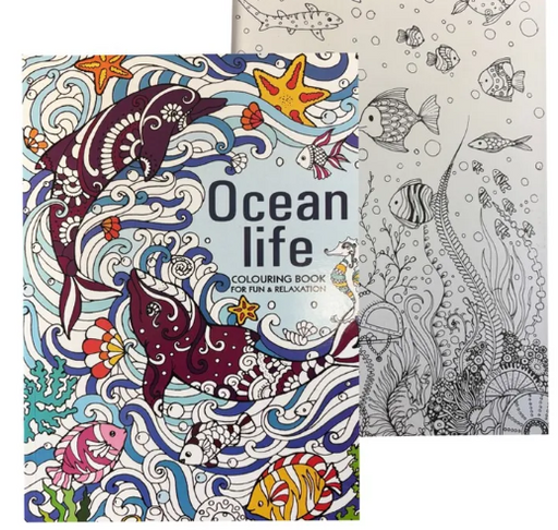 Ocean life coloring book with colorful illustrations on one side and black and white patterns on the other.