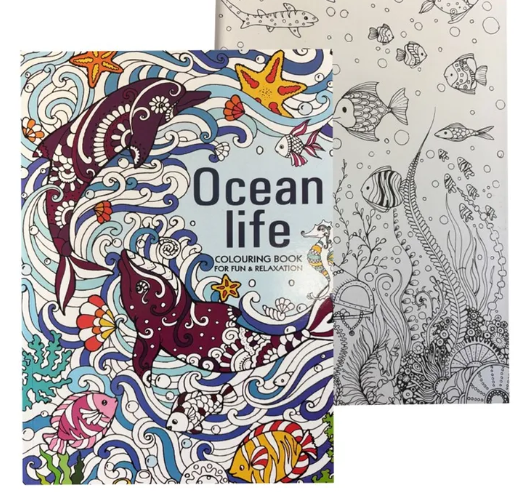 Ocean life coloring book with colorful illustrations on one side and black and white patterns on the other.