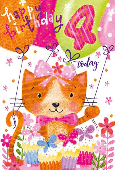 Birthday Card - Age 4 Cat & Balloons
