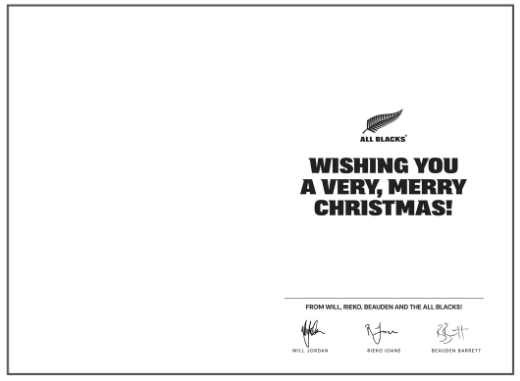 Christmas card with 'All Blacks' logo and text on a white background
