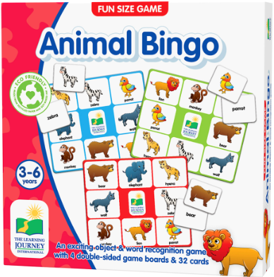 Animal Bingo game box with colorful illustrations of animals and game boards on a red background.