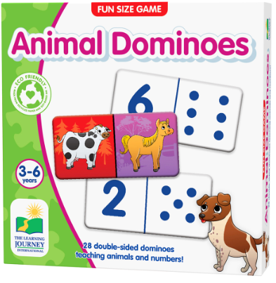 Box of Animal Dominoes game with colorful dominoes and cartoon animals on a green background.