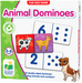 Box of Animal Dominoes game with colorful dominoes and cartoon animals on a green background.