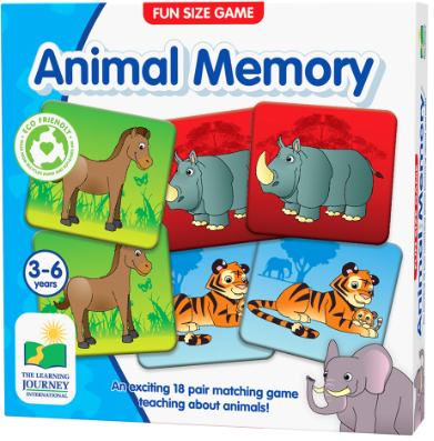 Box of 'Animal Memory' game with animal illustrations on a white background