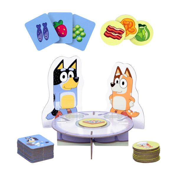 Children's game set with cartoon character stands, cards, and food icons on a white background