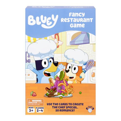 Box of 'Bluey Fancy Restaurant Game' with cartoon characters in chef hats.