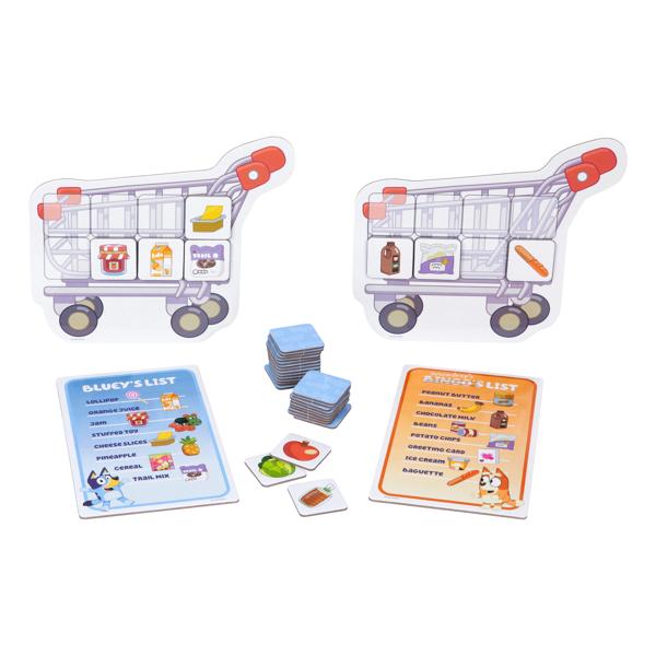 Card game components including shopping cart cards and action cards on a white background