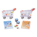 Card game components including shopping cart cards and action cards on a white background