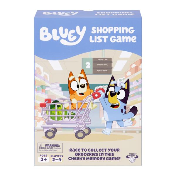 Bluey Shopping List Game packaging with cartoon characters and shopping cart illustration.