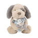 Stuffed dog toy with a bow and tag on a white background