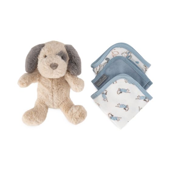 Stuffed dog toy and three baby blankets with patterns on a white background
