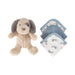 Stuffed dog toy and three baby blankets with patterns on a white background