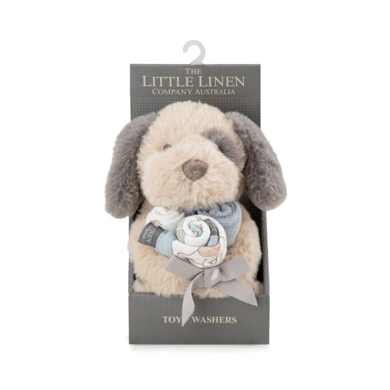 Plush dog toy with a bow in packaging from The Little Linen Company Australia
