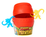 Red toy barrel with blue and yellow monkey figures on a white background