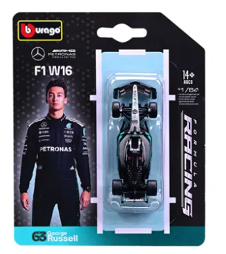 F1 car model in packaging with driver image and Bburago branding