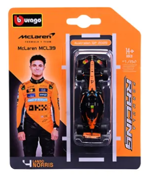McLaren MCL39 model car in packaging with driver image on orange background