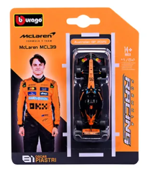 McLaren Formula 1 car model packaging with driver image on orange background