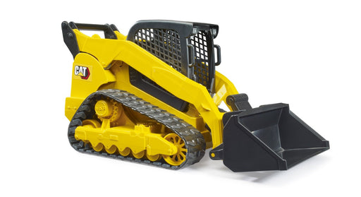 Yellow toy bulldozer with black tracks and bucket on a white background