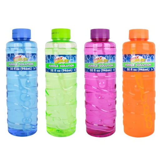 Four bottles of bubble solution in blue, green, pink, and orange on a white background.