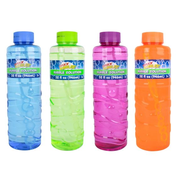 Four bottles of bubble solution in blue, green, pink, and orange on a white background.
