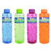 Four bottles of bubble solution in blue, green, pink, and orange on a white background.