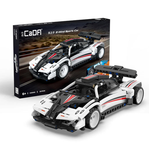 a building set sports car with a pull back motions