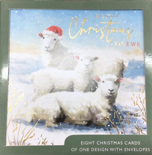 Christmas card with sheep and 'Happy Christmas to Ewe' text on a snowy background