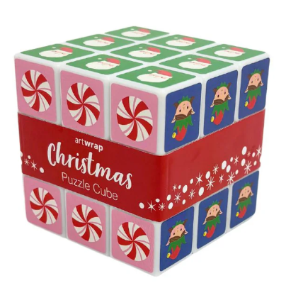 Christmas-themed puzzle cube with colorful design on a white background