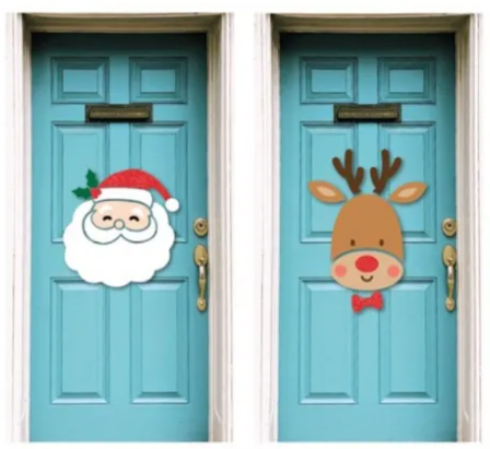 Two blue doors with festive decorations: a Santa face on one and a reindeer face on the other.