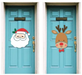 Two blue doors with festive decorations: a Santa face on one and a reindeer face on the other.