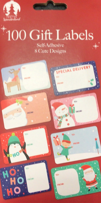 Pack of 100 self-adhesive gift labels with Christmas designs on a red background.