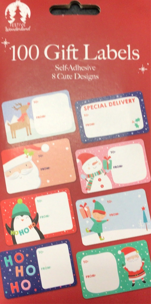 Pack of 100 self-adhesive gift labels with Christmas designs on a red background.