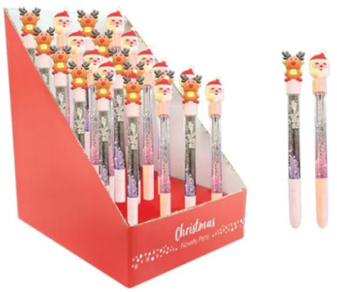 Display of Christmas-themed pens with Santa Claus and reindeer designs in a red holder.