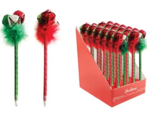 Decorative pens with Christmas-themed designs in a display box.