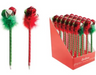 Decorative pens with Christmas-themed designs in a display box.
