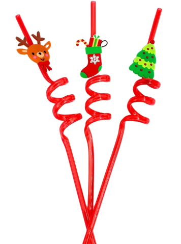 Red spiral straws with Christmas-themed ends on a white background