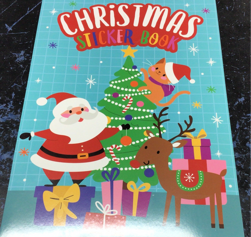 Christmas sticker book cover with Santa Claus, reindeer, and Christmas tree on a blue background