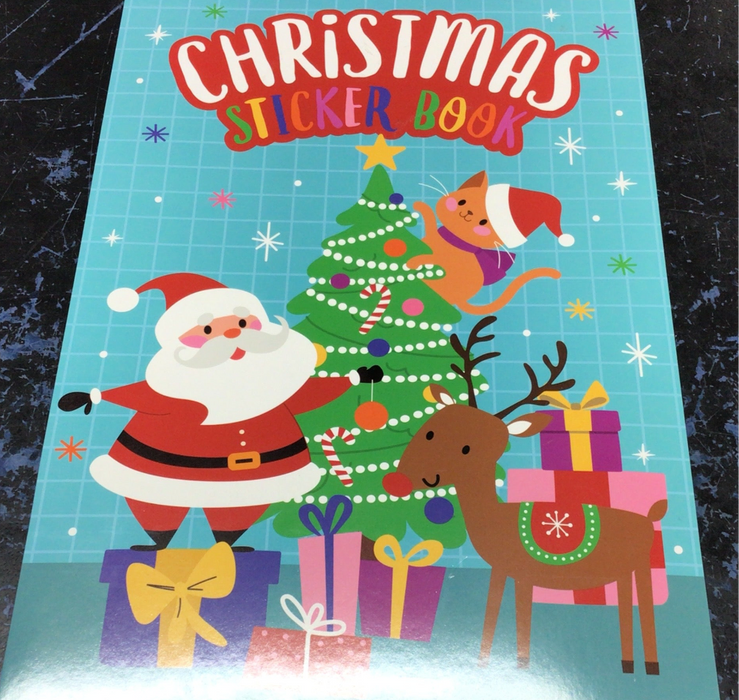 Christmas sticker book cover with Santa Claus, reindeer, and Christmas tree on a blue background