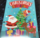Christmas sticker book cover with Santa Claus, reindeer, and Christmas tree on a blue background