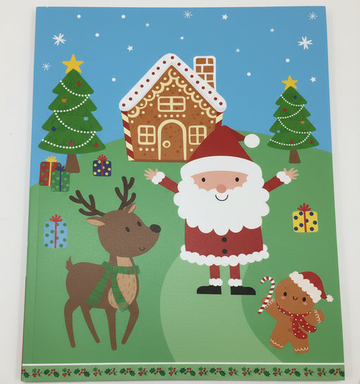 Two Christmas-themed sticker activity books with Santa Claus, reindeer, and gingerbread man on a dark surface.