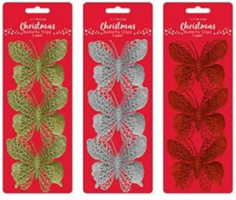 Three packages of Christmas butterfly clips on red backgrounds with butterfly illustrations.