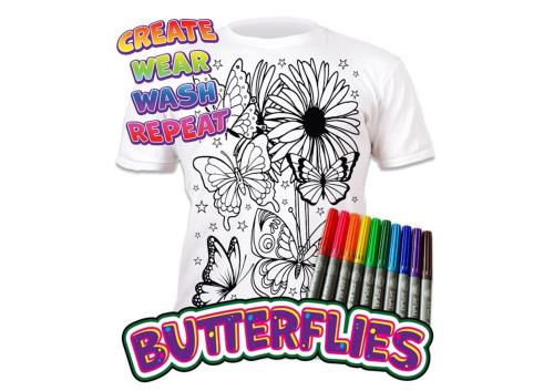 White t-shirt with black butterfly designs and markers on a white background