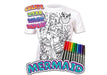 Coloring book t-shirt with mermaid design and markers on a white background