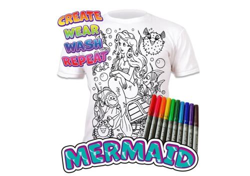 Coloring book t-shirt with mermaid design and markers on a white background