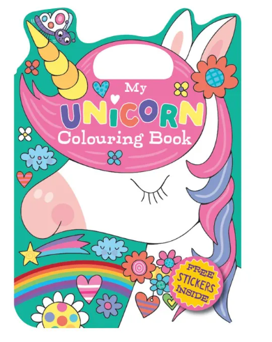 Colorful unicorn-themed coloring book with free stickers on a white background
