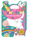 Colorful unicorn-themed coloring book with free stickers on a white background